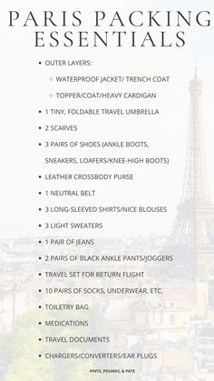 the paris packing essentials list is shown in black and white, with an image of the eiffel tower behind it