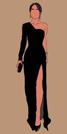 a drawing of a woman in a black dress with high slits on her legs