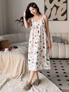 DAZY Cartoon Graphic Contrast Lace Cami Nightdress | SHEIN USA Casual V-neck Nightgown For Home, Spring V-neck Nightgown For Home, Cotton Nightgown For Spring Pajama Party, Casual V-neck Sleepwear For Home, Casual V-neck Sleepwear, Casual Nightgown For Pajama Party In Spring, White Nightgown For Spring Pajama Party, White Nightgown For Pajama Party In Spring, V-neck Spring Dresses For Home