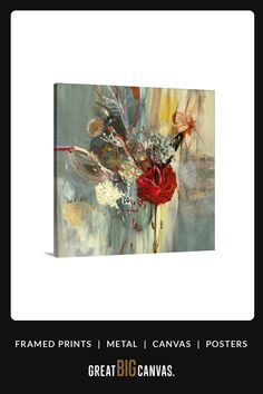 a painting with flowers in it on a white and black background that reads framed prints metal canvass / posters great big canvass