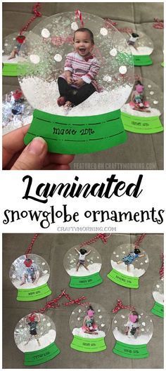 an ornament with snowglbe ornaments in the shape of children's pictures