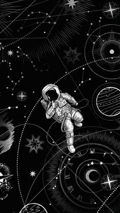 an astronaut is floating in space surrounded by stars and other things on the ground,