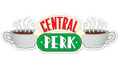 the logo for central perk coffee, with two cups filled with hot chocolate and steam coming out of them