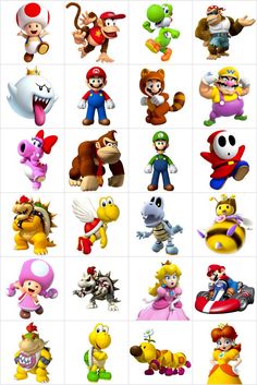 the super mario bros characters are all in different positions and sizes, with each character on their own side