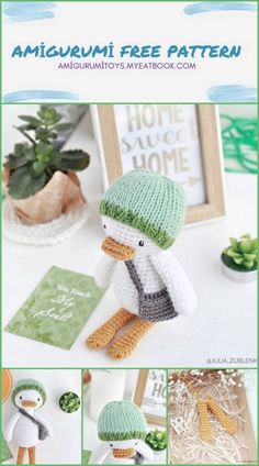 a crocheted penguin wearing a green hat, scarf and mittens is featured in the amigurmi free pattern