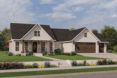 this is a computer rendering of the front view of a house with landscaping and flowers