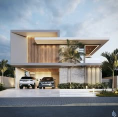 two cars are parked in front of a modern house with palm trees on both sides