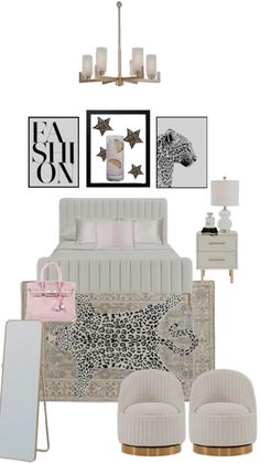 a bedroom is shown with white furniture and pictures on the wall, including an animal print bed