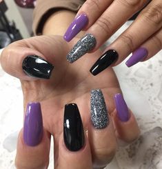 Black Boujie Nails, Grey And Purple Nails Acrylic, Halloween Nails No Design, Purple Nails For Halloween, Dark Purple And Black Nails Acrylic, Purple Nail Polish Ideas, Black And Purple Nails Coffin, Acrylic Nails Purple Design, Black And Bright Nails