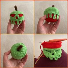 there is a crocheted green apple with red eyes