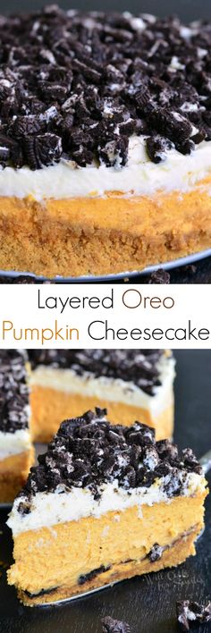 layered oreo pumpkin cheesecake with chocolate chips on top