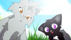 two black cats standing next to each other in the grass