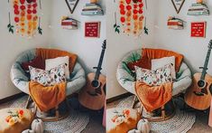 a room with a chair, guitar and various decorations on the wall above it that is decorated with flowers