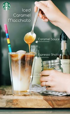 a person pouring coffee into a cup with the ingredients labeled on it, including iced caramel macchiato and cappuccino shots