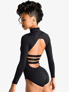 a woman wearing a black bodysuit with cutouts on the back and long sleeves