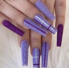 Purple Sweater Nails, Purple Plaid Nails, Purple Fall Nails Design, Bedazzle Nails, Bedazzled Nails, Almond Shaped Nails Designs, Plaid Nail Designs, Hand Nails, Pop Art Nails