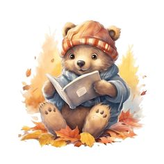 a painting of a teddy bear sitting on the ground reading a book with autumn leaves around it