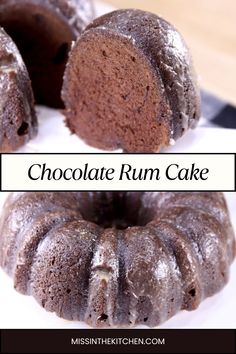 chocolate rum cake is cut in half on a white plate with the words, chocolate rum cake