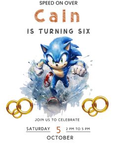 an advertisement for sonic the hedgehog's birthday party with gold rings on it