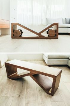 this modern coffee table is made out of wood and has an unusual shaped design on the top