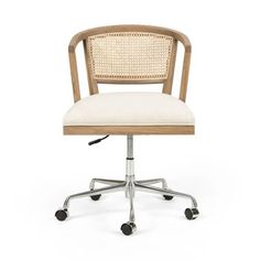 an office chair with wheels and a cushion on the back, sitting in front of a white background