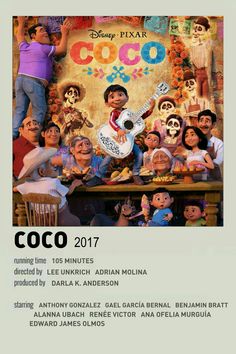 the poster for coco is shown in front of a group of people with their guitars