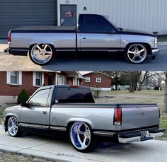 two pictures side by side of a silver truck with chrome wheels and rims on it