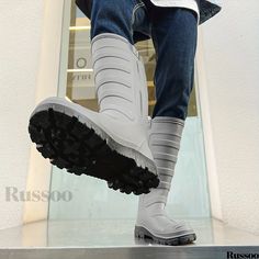 Russoo - Cushioned High-Top Mens Rain Boots: Durable, Waterproof, Non-Slip Footwear for Outdoor Activities like Walking and Fishing Casual White Rain Boots For Outdoor, White Rain Boots For Winter Outdoor Use, White Winter Rain Boots For Outdoor, White Weatherproof Rain Boots For Outdoor, Slip-resistant Boots For Rainy Season Outdoor Use, Casual Durable Rain Boots For Hiking, Pu Boots, Mens Rain Boots, Mens High Tops