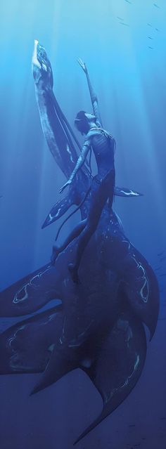 a woman riding on the back of a whale under water