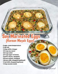 an advertisement for soy marinated eggs and korean mak eggs on a white table