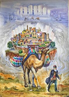 a painting of a man walking with a camel in front of a cityscape