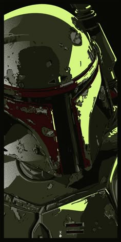 a star wars boba fett poster is shown in black and green colors, with the helmet on