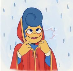 a cartoon character wearing a red and blue hoodie with an umbrella in the rain