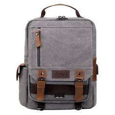 a gray backpack with two brown straps