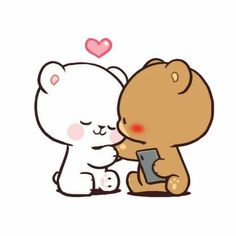 a couple of bears that are touching each other's noses with hearts above them