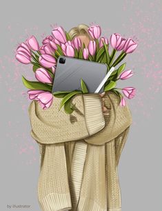 a drawing of a woman wrapped in a blanket and holding a tablet with pink tulips