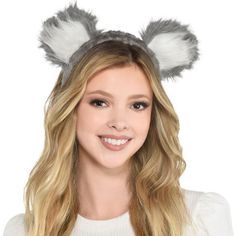 A women wearing a Furry Koala Ear Headband. Koala Headband, Eucalyptus Forest, Faux Fur Ears, Plush Headband, Cupcake Supplies, 1st Birthday Balloons, Candy Making Supplies, Helium Tank, Honeycomb Decorations