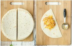 the tortilla is ready to be cut and put on the cutting board with a spoon