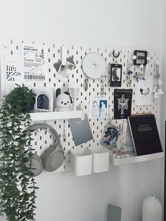 a white shelf with various items on it and a potted plant in the corner