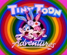 the title for tiny toon's adventures is shown in this colorful background with an image of two rabbits