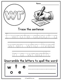 worksheet for writing the letter w with pictures and words to practice handwriting skills