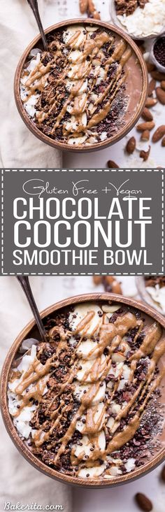 two bowls filled with chocolate coconut smoothie bowl