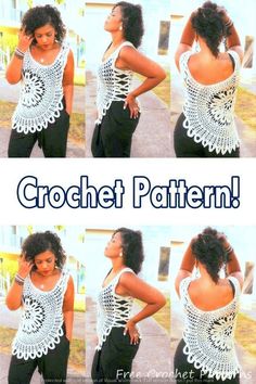 a woman in black pants and white top with crochet pattern on her back