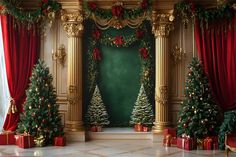 a room decorated for christmas with red and green decorations on the walls, gold pillars and trees