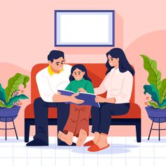 a man and woman sitting on a couch with a child reading a book while another person sits next to them