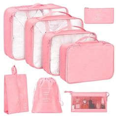 Upgrade your travel with this versatile 8-piece packing cube set, designed with a waterproof, premium nylon fabric for durability. The set includes varied-sized clothing cubes, dedicated bags for underwear, shoes, toiletries, makeup, and cables, plus a laundry bag. Each cube features a mesh design for visibility, non-slip buckles to keep clothes neatly in place, and two-way reinforced YKK zippers for secure and easy access. Lightweight and washable, they ensure efficient packing and organization Travel Luggage Packing, Luggage Packing, Large Toiletry Bag, Pink Luggage, Efficient Packing, Suitcase Storage, Suitcase Organization, Packing Luggage, Packing Organizers