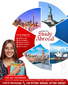 a woman holding a folder in front of the statue of liberty and other sights around the world