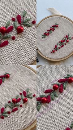 the embroidery is being worked on with red berries and green leaves, along with other embroidered designs