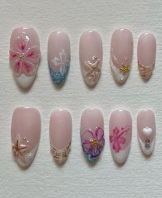 Sanrio Acrylic Nails, Nail Flower Designs, Japanese Style Nails, Cute Nails Summer, Shabby Chic Nails, Acrylic Aesthetic, Nails Flower, Inspiration Nails, Nails Summer Nails