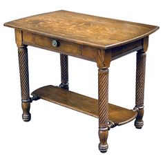 Antique quartersawn solid oak library table with spiral twist carved legs and single drawer. Oak Library, Antique Library, Library Table, Tiger Oak, Carved Legs, Antique Furniture, Solid Oak, Table Furniture, Console Table